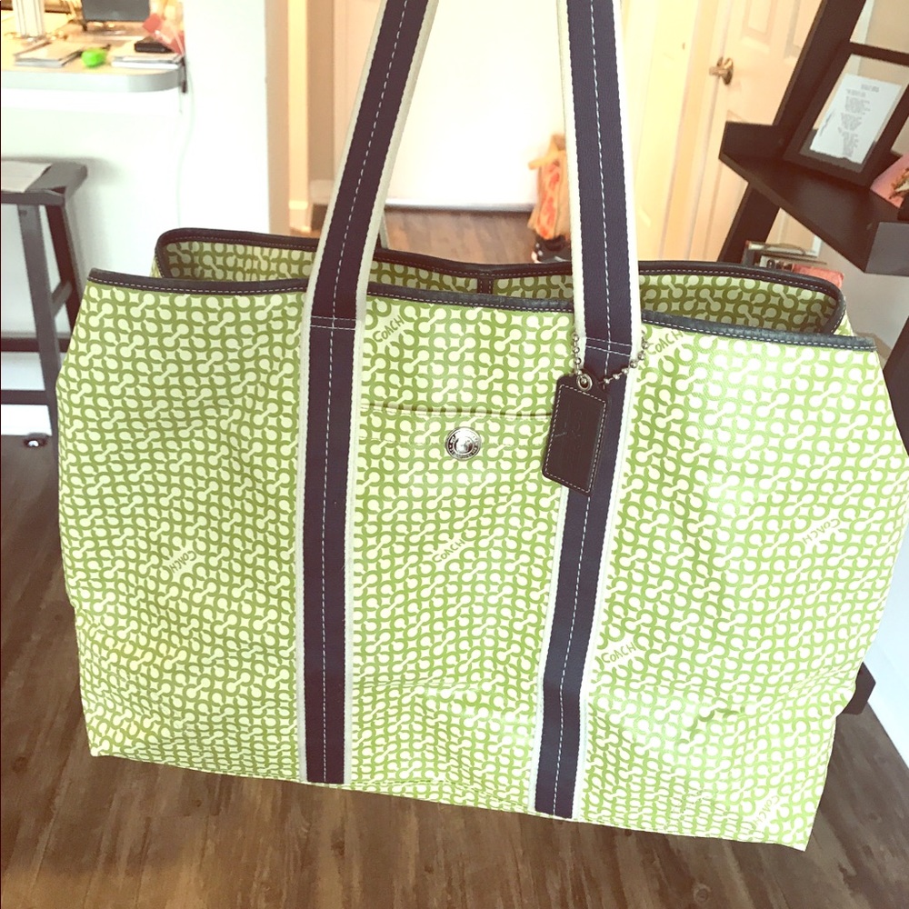Lime Green & Navy Coach Tote Beach Bag